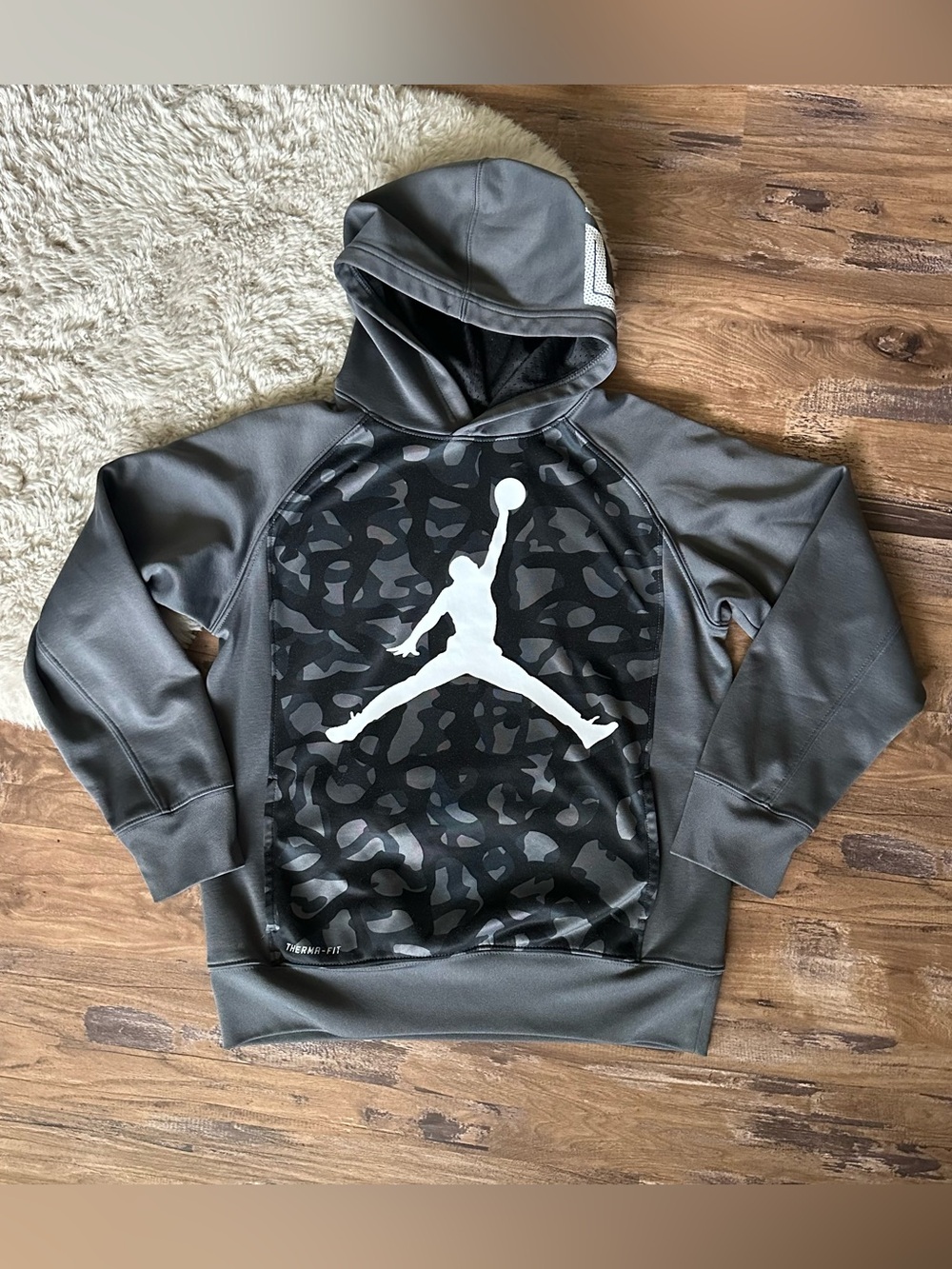 Jordan Kids Gray Hoodie with White Jumpman and Black Camo Panel